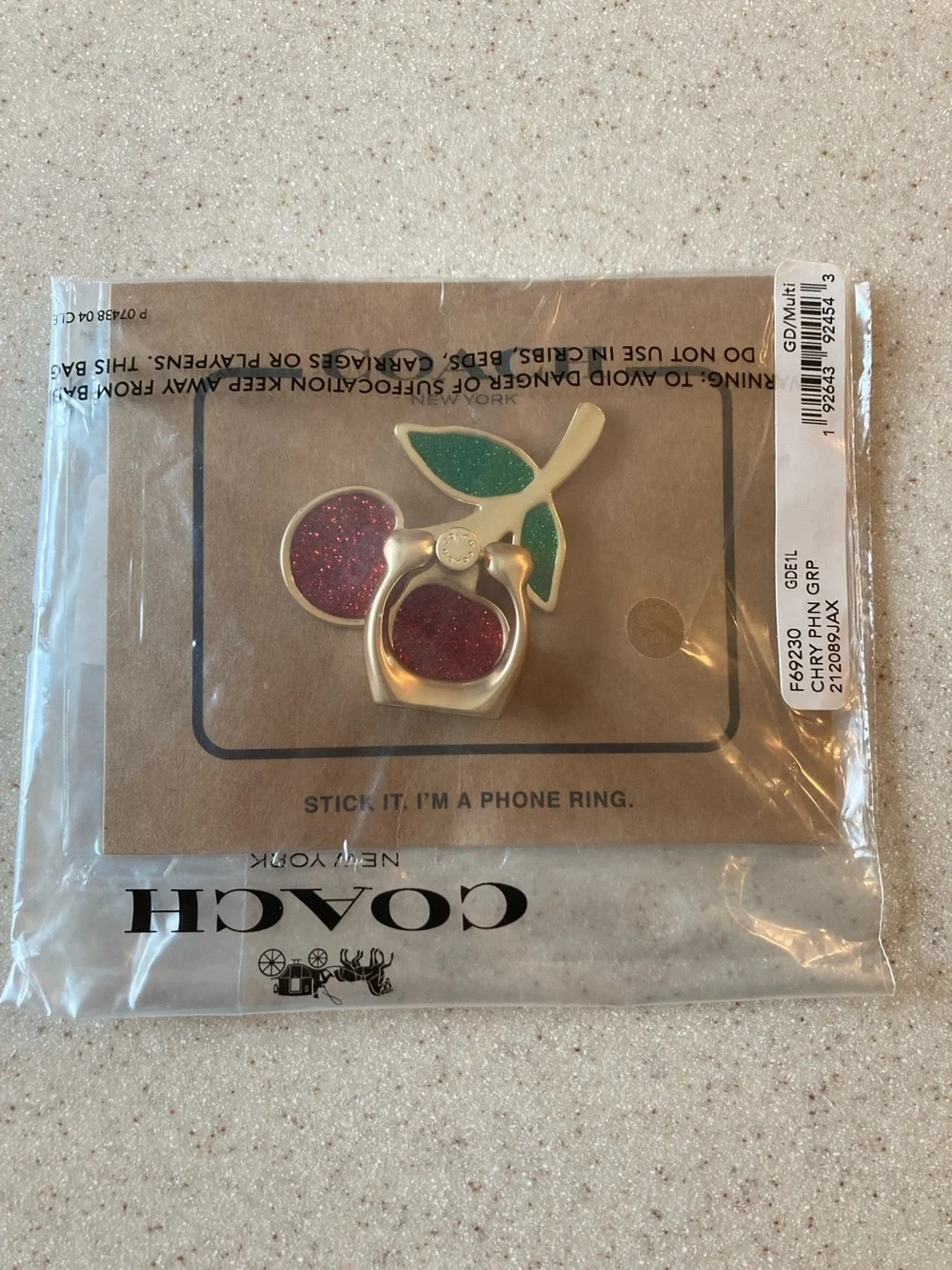 NWT Coach Cherry Phone Ring Grip - Gold with Red and Green Glitter